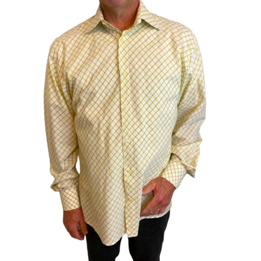 KUHLMAN Yellow White Plaid Button Up French Cuffs Dress Shirt 41